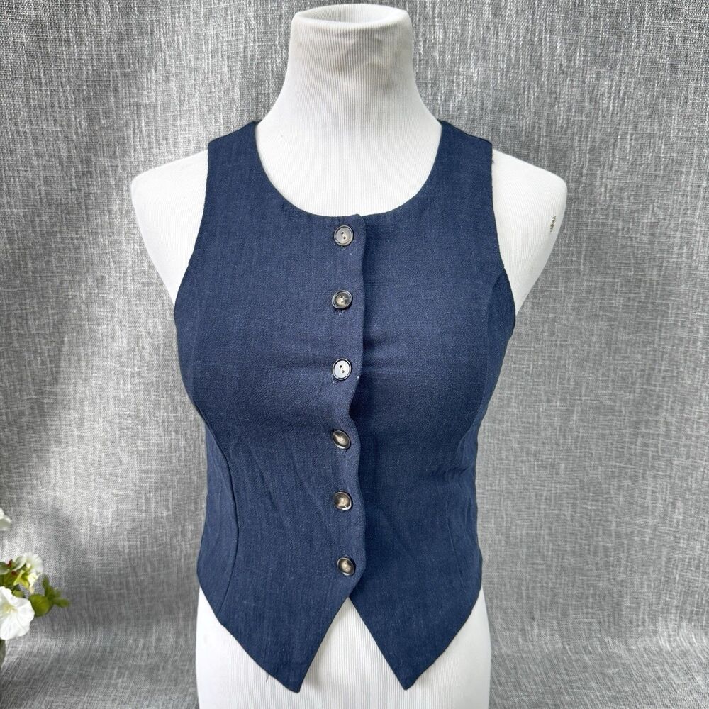 Monteau Women's Linen Rayon Button Sleeveless Top Vest S Navy Blue Minimalist